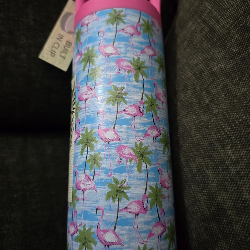 Flamingo Clip Lid Water Bottle - Pink and Blue